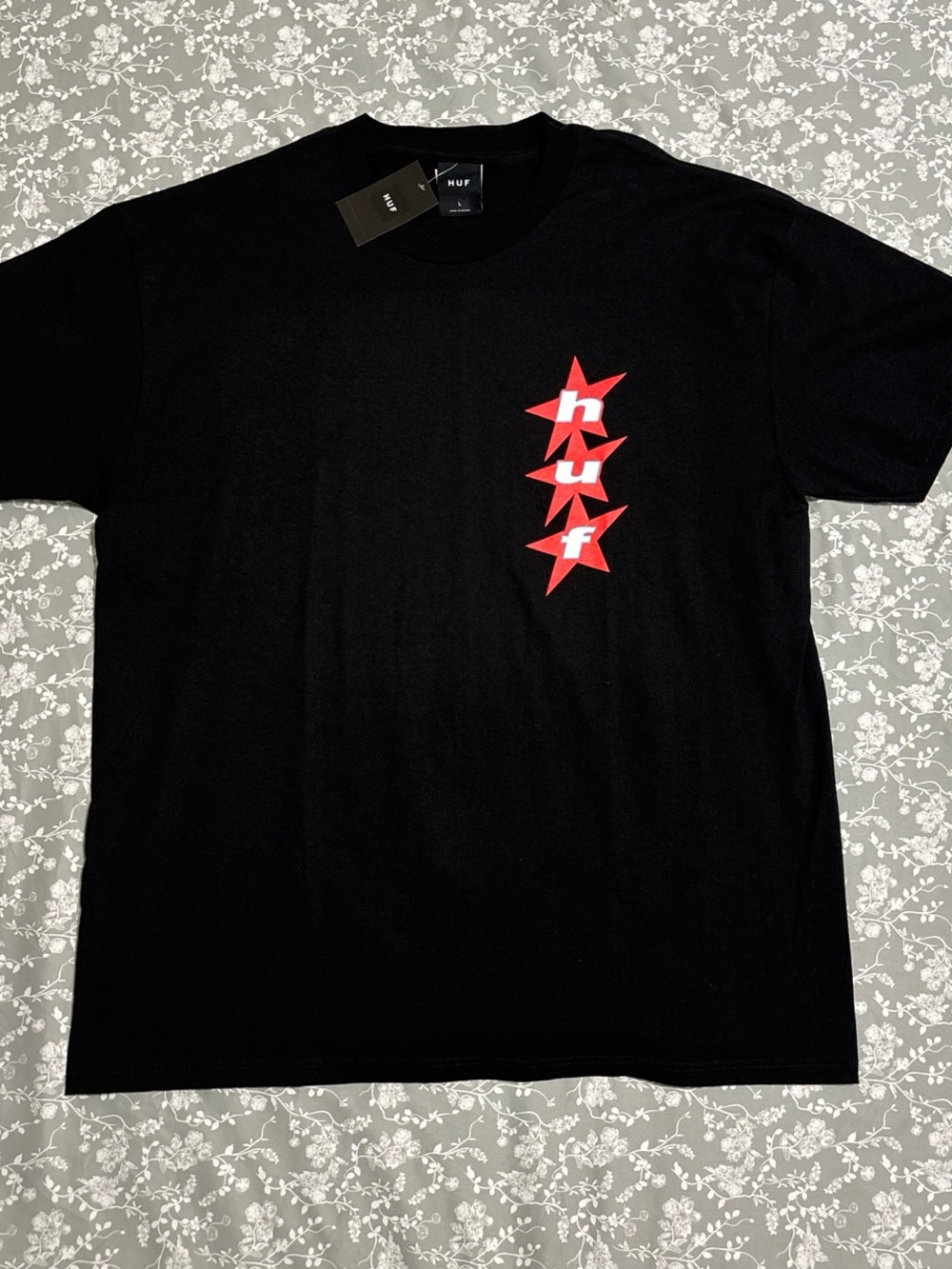 HUF Black Short-Sleeve Tee with Vertical Red Star Logo